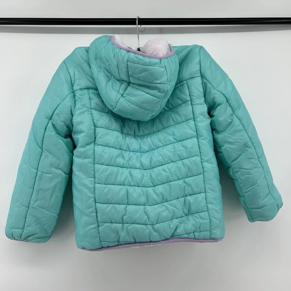 Eddie Bauer‎ Girls Reversible Jacket XS 5/6 Teal Sherpa Hooded Coat